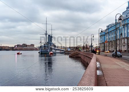 Saint Petersburg, Russia - December 30, 2017: View Of The Aurora Cruiser Historical Ship Next Petrog