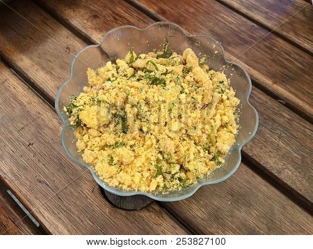 The Typical Brazilian Farofa In A Glass Bowl