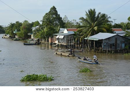 Phong Dien, Vietnam - December 31st 2017. Boats Leave The Phong Dien Floating Market Near Can Tho In
