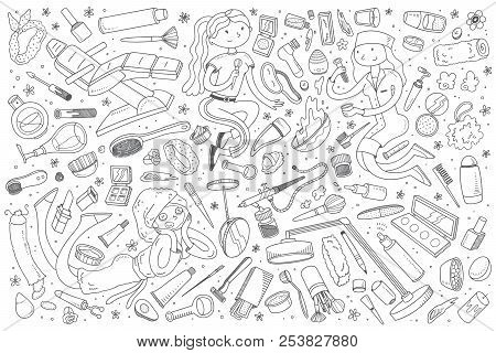 Hand Drawn Cosmetology Set Doodle Vector Background