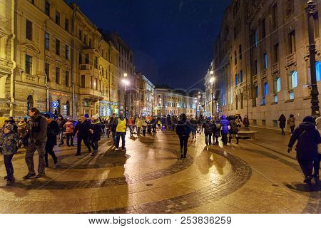 Saint Petersburg, Russia - January 3, 2018: View Of Bolshaya Morskaya Street At Night.