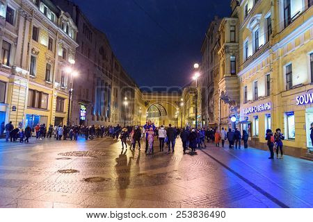 Saint Petersburg, Russia - January 3, 2018: View Of Bolshaya Morskaya Street At Night.