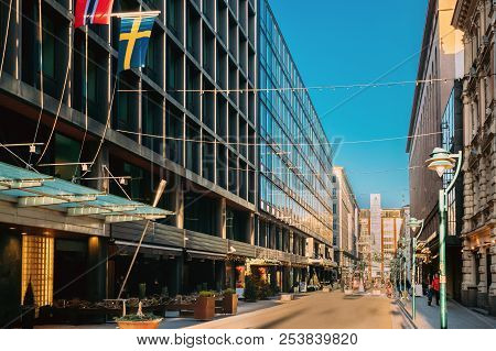 Helsinki, Finland - December 11, 2016: View Of Glo Hotel Kluuvi On Kluuvikatu Street In Winter Sunny