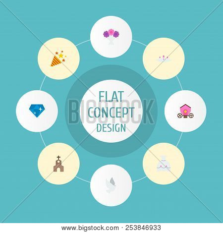 Set Of Ceremony Icons Flat Style Symbols With Firework, Crown, Church And Other Icons For Your Web M