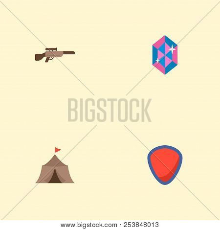 Set Of Gaming Icons Flat Style Symbols With Sniper Rifle, Crystal, Medieval Barracks And Other Icons