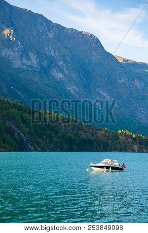 Boat On Oppstrynsvatn Lake In The Municipality Of Stryn In Sogn Og Fjordane County, In Norway