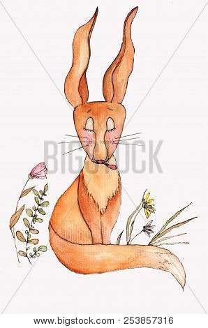 Cartoon Cute Windy Fox With Tongue Illustration. Watercolor Illustration For Kid's Books, T-shirts, 