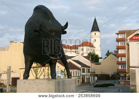 Prerov, Czech Republic - June 14, 2018: Symbol Of The Town Of Prerov - Bronze Sculpture Of A Bison O