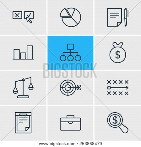 Vector Illustration Of 12 Trade Icons Line Style. Editable Set Of Deside Task, Briefcase, Research A