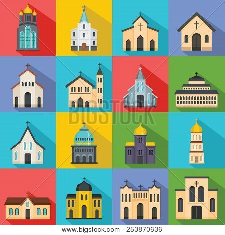 Church Building Icons Set. Flat Illustration Of 16 Church Building Icons For Web