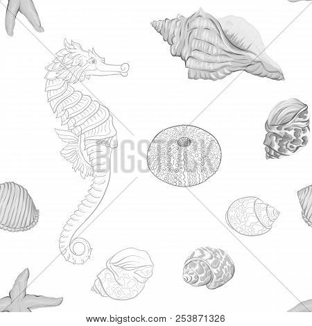 Sea World Seamless Pattern, Background With Fish, Corals And Shells On White Background. Stock Vecto