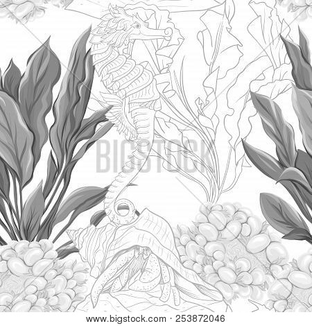Sea World Seamless Pattern, Background With Fish, Corals And Shells On White Background. Stock Vecto
