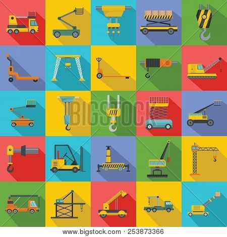Lifting Machine Equipment Icons Set. Flat Illustration Of 25 Lifting Machine Equipment Cargo Icons F