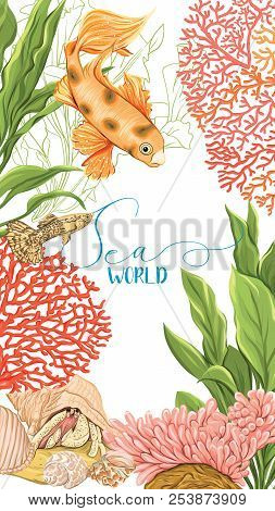 Sea Card With Gold Fish, Corals And Shells. Good For Greeting Card, Invitation. Template With Place 