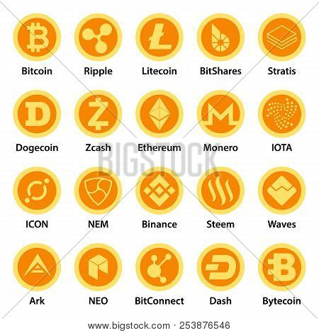 Cryptocurrency Types Icons Set. Flat Illustration Of 25 Cryptocurrency Types Icons For Web