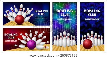 Bowling Kegling Banner Concept Set. Realistic Illustration Of 4 Bowling Kegling Banner Horizontal Co