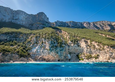 Colorful Cala Die Gabbiani Beach On The Italian Island Of Sardinia Seen From Seaside