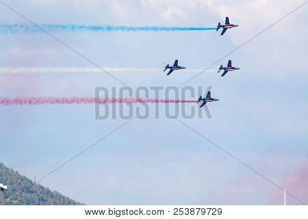 Toulon Rade, France - August 15, 2018: Patrouille De France Aerobatics Team, Famous Demonstration Of