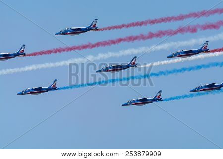 Toulon Rade, France - August 15, 2018: Patrouille De France Aerobatics Team, Famous Demonstration Of
