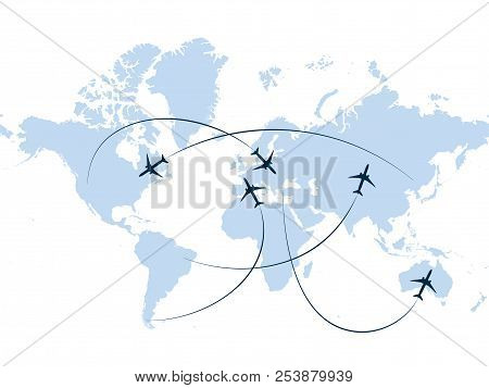 Airplane Icons On The Workl Map Vector Illustration