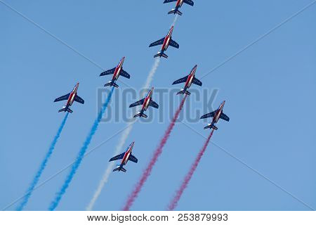 Toulon, France - August 15, 2018: Patrouille De France Aerobatics Team, Famous Demonstration Of Fren