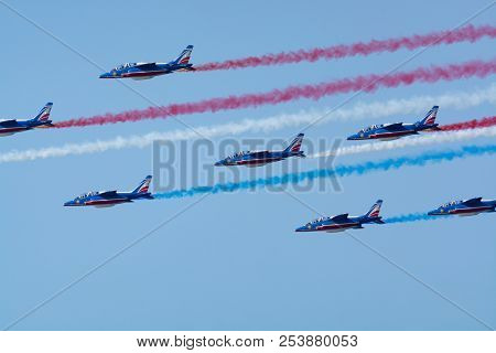 Toulon, France - August 15, 2018: Patrouille De France Aerobatics Team, Famous Demonstration Of Fren