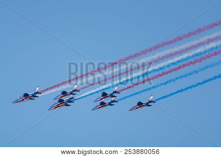 Toulon Rade, France - August 15, 2018: Patrouille De France Aerobatics Team, Famous Demonstration Of