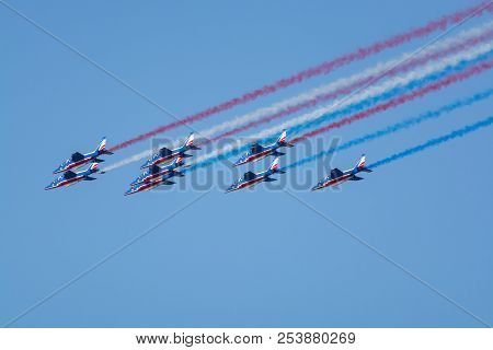 Toulon Rade, France - August 15, 2018: Patrouille De France Aerobatics Team, Famous Demonstration Of