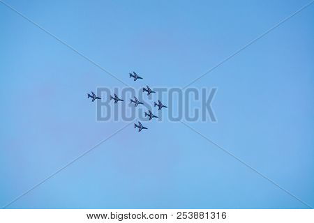 Toulon, France - August 15, 2018: Patrouille De France Aerobatics Team, Famous Demonstration Of Fren