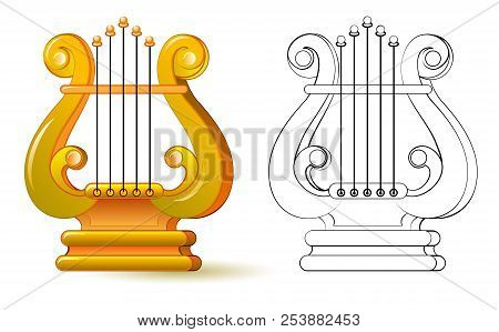 Colorful And Black And White Pattern For Coloring. Illustration Of Lyre. Symbol Of Ancient Greek Mus