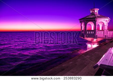 Year Of The Violet , Purple Effect Over Bay Of Corpus Christi , Texas With Gazeebo Along Sea Wall In