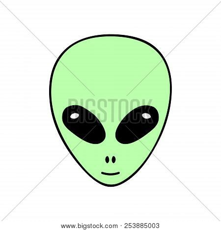 Cute Simple Alien Vector Hand Drawn Icon, Sticker, Badge, Illustration. Green Alien Cartoon.