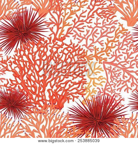 Sea World Seamless Pattern, Background With Fish, Corals And Shells On White Background. Stock Vecto