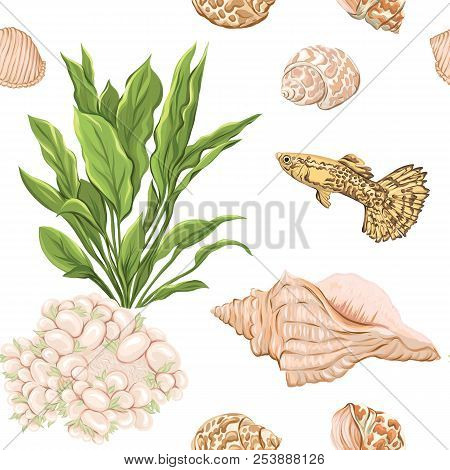 Sea World Seamless Pattern, Background With Fish, Corals And Shells On White Background. Stock Vecto