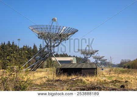 Long Row Of Radio Telescopes In Westerbork In The Netherlands