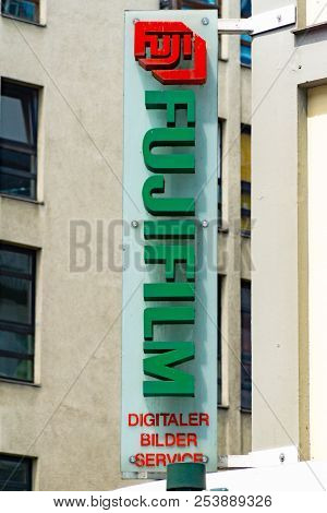 Wiesbaden, Germany - June 03 2018: Fujifilm Logo On A Facade. Founded In 1934, Fujifilm Holdings Cor