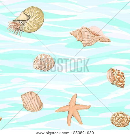 Sea World Seamless Pattern, Background With Fish, Corals And Shells On Blue Sea Background. Stock Ve