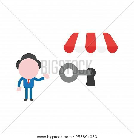 Vector Illustration Of Businessman Character Showing Unlock Shop Store Icon With Key.