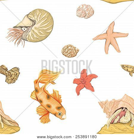 Sea World Seamless Pattern, Background With Fish, Corals And Shells On White Background. Stock Vecto