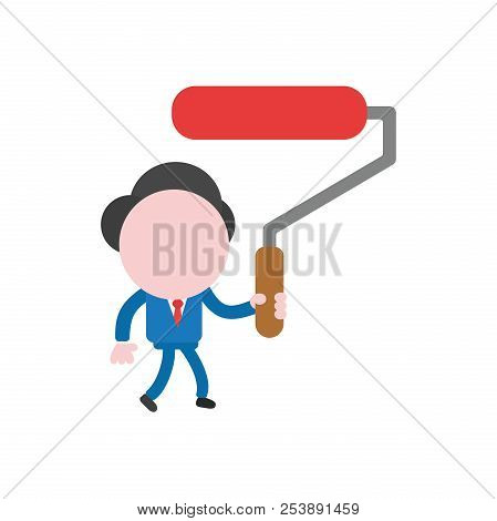 Vector Illustration Of Businessman Character Walking And Holding Paint Roller Brush Icon With Red Co