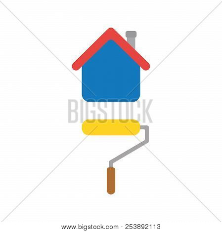 Flat Design Style Vector Illustration Concept Of Yellow Roller Paint Brush Painting Blue House Symbo