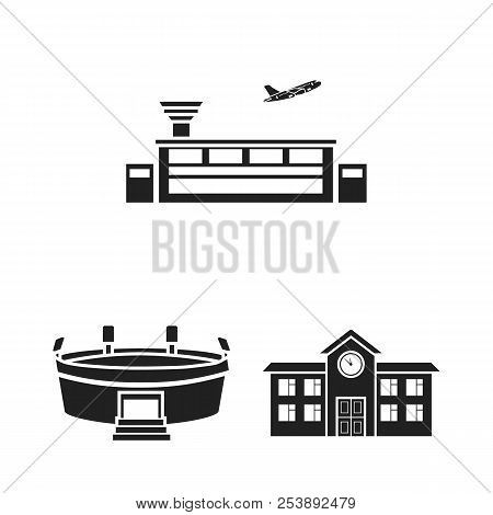 Building And Architecture Black Icons In Set Collection For Design. Construction And Institution Vec