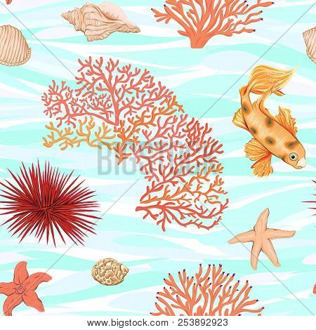 Sea World Seamless Pattern, Background With Fish, Corals And Shells On Blue Sea Background. Stock Ve