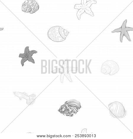 Sea World Seamless Pattern, Background With Fish, Corals And Shells On White Background. Stock Vecto