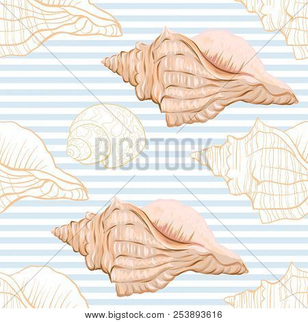 Sea World Seamless Pattern, Background With Fish, Corals And Shells On Blue And White Stripes Backgr