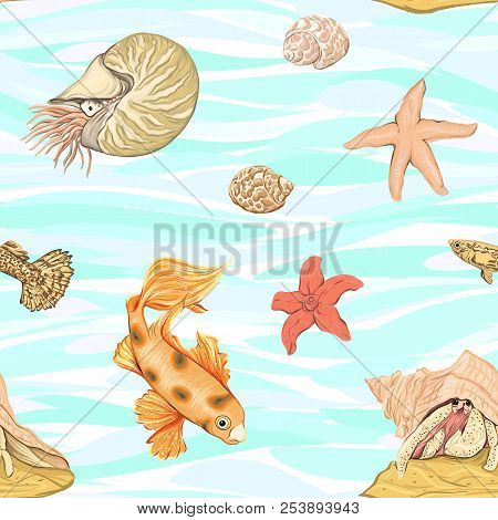 Sea World Seamless Pattern, Background With Fish, Corals And Shells On Blue Sea Background. Stock Ve
