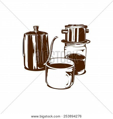 Vector Hand Drawn Illustration Of Coffee Mugs, Coffee Pots And Coffee Makers.