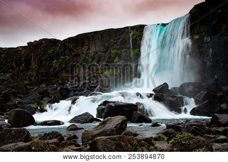 Oxararfoss Waterfall In Thingvellir National Park ,iceland.