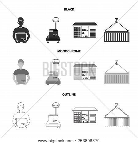 Courier, Scales, Container, Warehouse. Logistic, Set Collection Icons In Black, Monochrome, Outline 