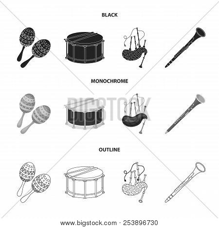 Maracas, Drum, Scottish Bagpipes, Clarinet. Musical Instruments Set Collection Icons In Black, Monoc
